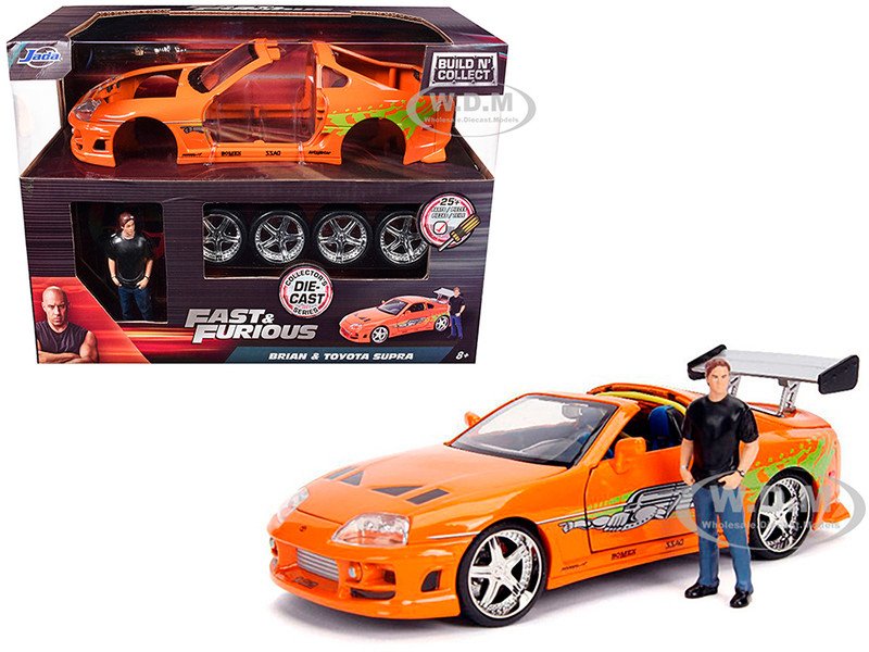 Model Kit Toyota Supra Metallic Orange with Brian Diecast Figure "Fast & Furious" Movie "Build N' Collect" 1/24 Diecast Model Car by Jada
