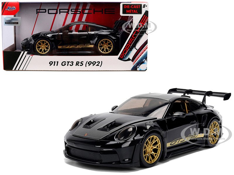Porsche 911 (992) GT3 RS Black with Carbon Top and Hood Stripes and Gold Wheels "Hyper-Spec" Series 1/24 Diecast Model Car by Jada