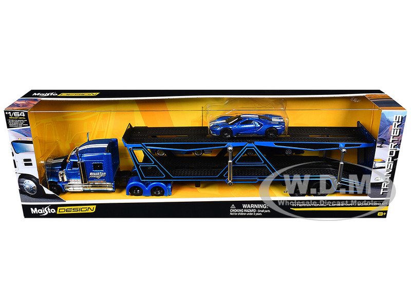 International Lonestar "BlackTop Transport" Open Car Hauler Blue Metallic with White Stripes and Graphics and 2019 Ford GT Blue Metallic with White Stripes "Transporters" Series 1/64 Diecast Models by Maisto